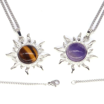 Women Bohemian Sun Flower Natural Amethyst Pendant