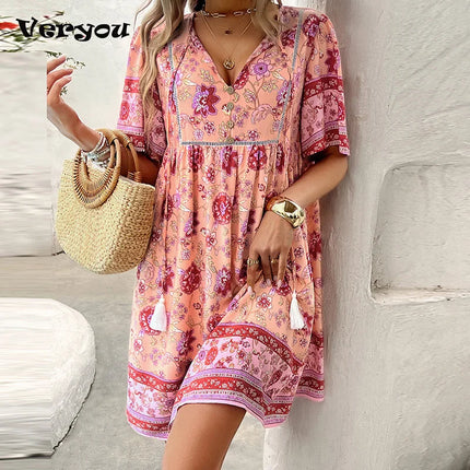 Women V-Neck Short Floral Beach Mini Dress