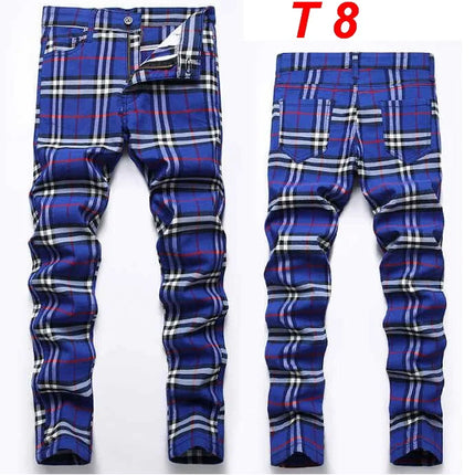 Men Business Casual Elastic Straight Plaid Pants