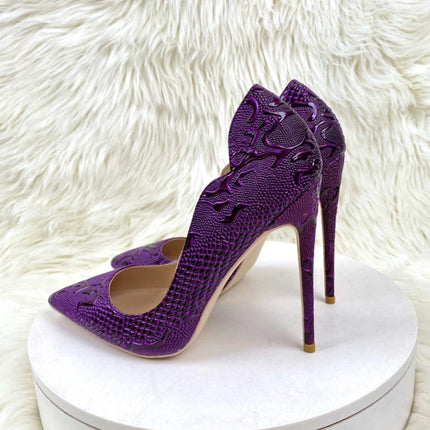 Women Purple Floral Embossed Crocodile Effect High Heels