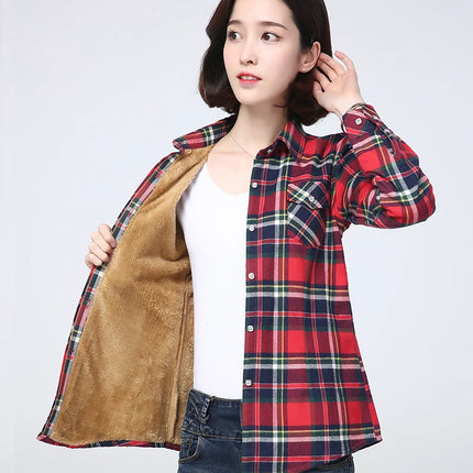 Women Winter Plaid Velvet Shirt Jacket