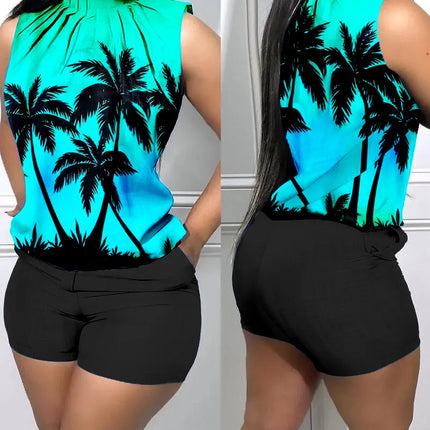 Women Sleeveless 2pc Palm Tree Shorts Set