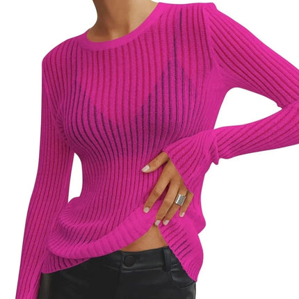 Women Pink Black Transparent Long O-Neck Tops