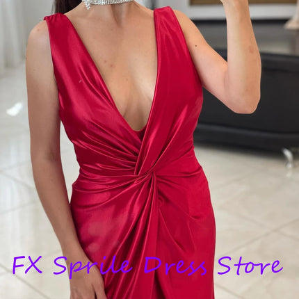 Women Red Satin Modern Prom Evening Dress