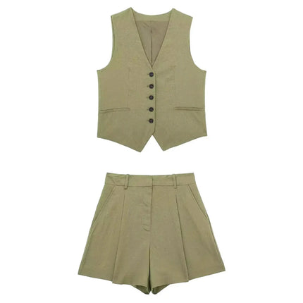 Women Vintage Solid Vest Shorts Set