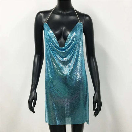 Women Backless Sequin Low Cut Mini Dress.