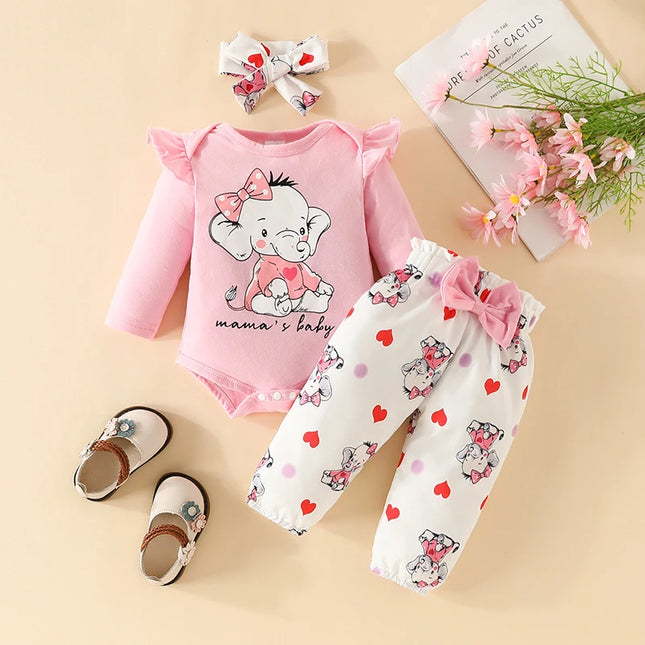 Baby Girl 0-18 Months-3pc Elephant Cartoon Bodysuit Outfit