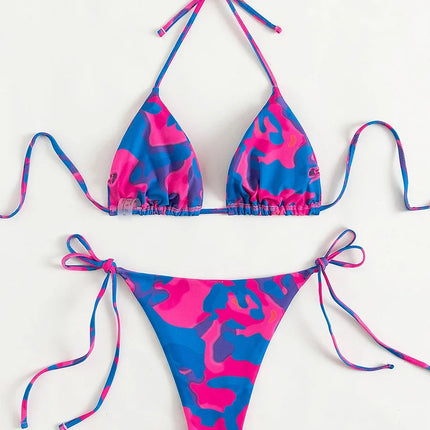 Women Tie Dye Pink Purple Halter Micro Bikini Set