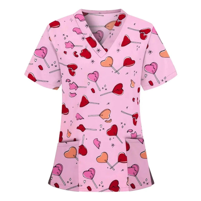 Women Hearts V-Neck Nursing Workwear Scrubs