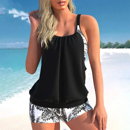 Women Purple Black 2pc Tankini Beach Swimwear Set