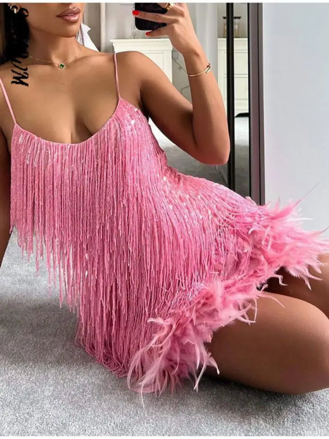 Women Fashion 2024 Pink Tiered Fringe Ruffled Dress