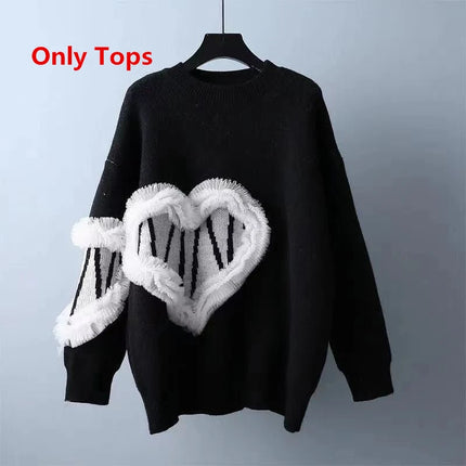 Women Autumn Heart Sweater Knitted 2pc Set