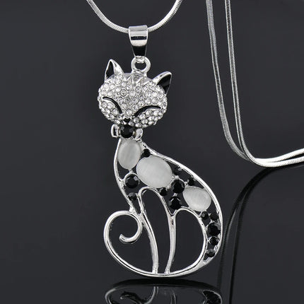 Women Trendy Opal Rhinestone Animal Cat Pendant Necklace