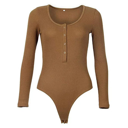 Women Beige Knitted V Bodysuit Long Rompers