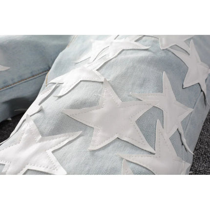 Men Distressed Light Blue Patchwork Stars Denim Jeans