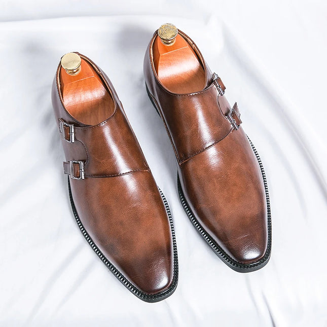 Men Monk Leather Pointed Slip-on Formal Loafers