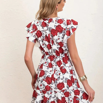 Women Summer Ruffle Blue Red Roses Dress