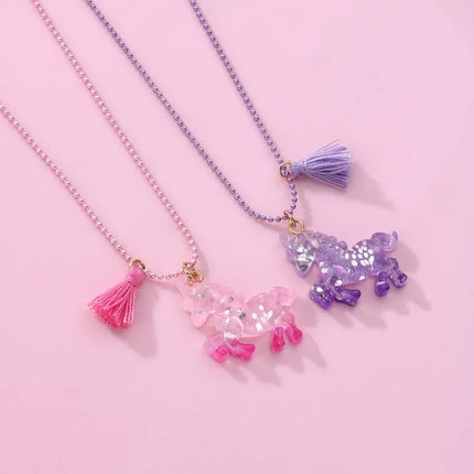 Girls 2PC Cartoon Resin Unicorn Pendant Necklace