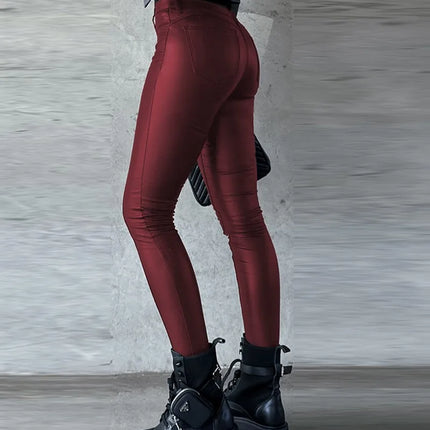 Women Fashion Red Black Leather Casual Cargo Pants