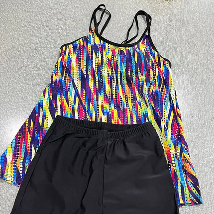 Women Vintage Rainbow Double Strap Tankini Swimwear Set