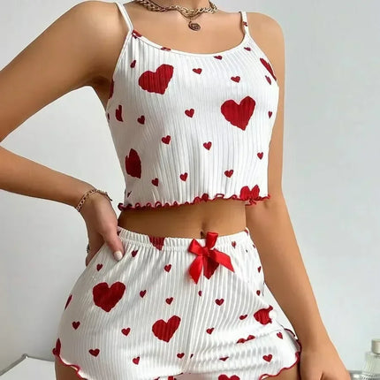 Women Summer Heart Crop Top Pajama Set