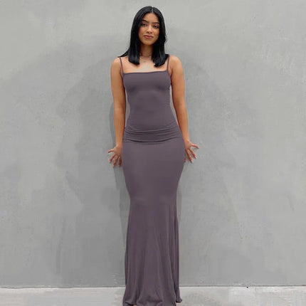 Women Spaghetti Black Purple Bodycon Maxi Dress