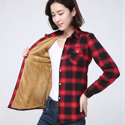 Women Winter Plaid Velvet Shirt Jacket