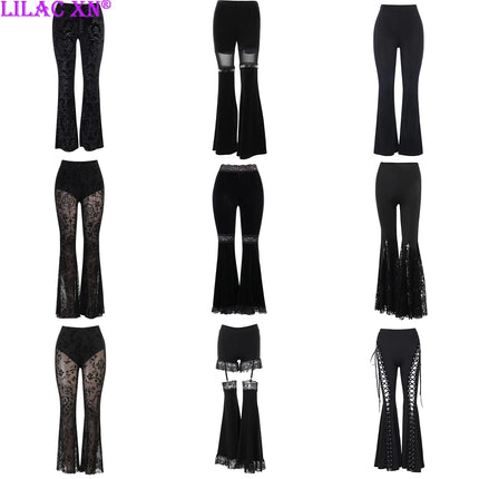 Women Black Gothic y2k Lace Flare Pants