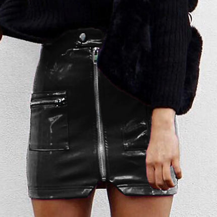 Women Zip Leather Pink Black Mini Skirts