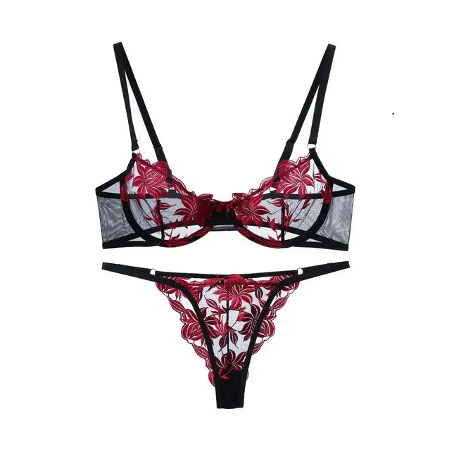 Women Red Black Embroidery Lingerie Set