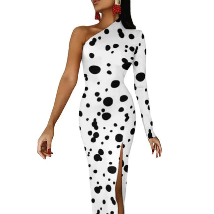 Women Dalmatian Animal Spotted Black Maxi Dress