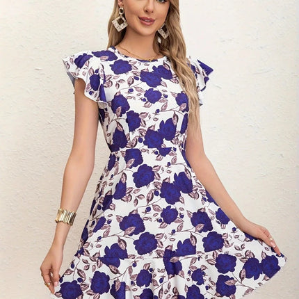 Women Summer Ruffle Blue Red Roses Dress