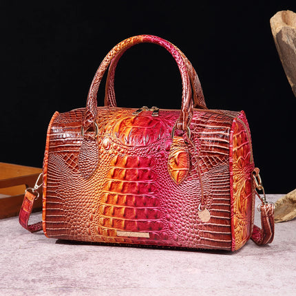 Women Crocodile Embossed Boston Satchel Handbag