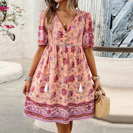 Women V-Neck Short Floral Beach Mini Dress