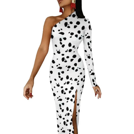 Women Dalmatian Animal Spotted Black Maxi Dress