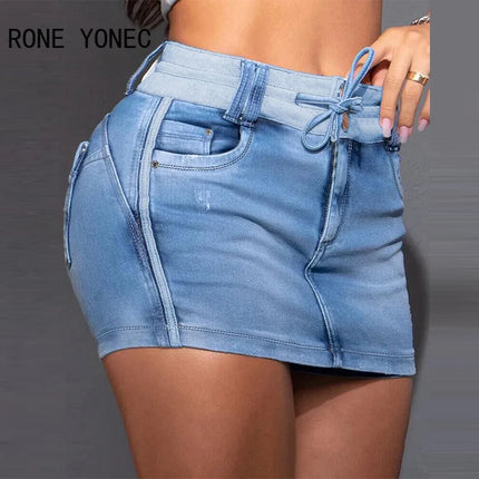 Women Casual Drawstring Pocket Mini Denim Skort