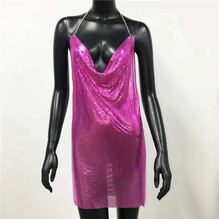 Women Backless Sequin Low Cut Mini Dress.