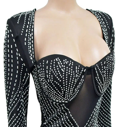 Women Rhinestone Black Mini Party Dress