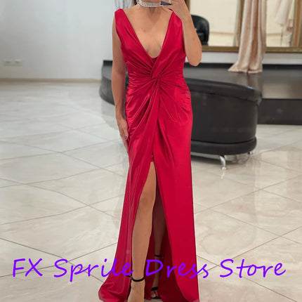 Women Red Satin Modern Prom Evening Dress