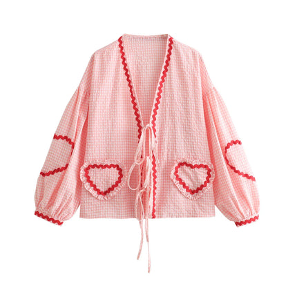 Women Vintage Heart Patchwork Party Blouse