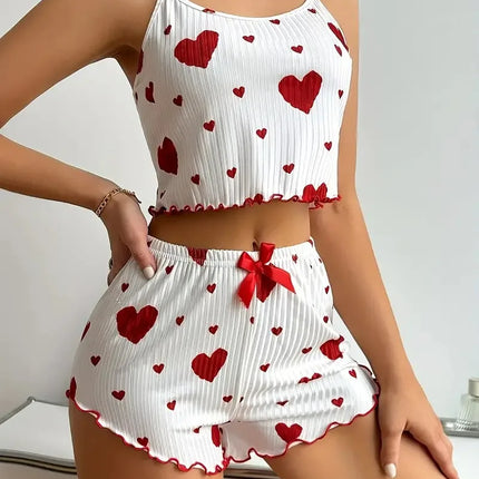 Women Summer Heart Crop Top Pajama Set