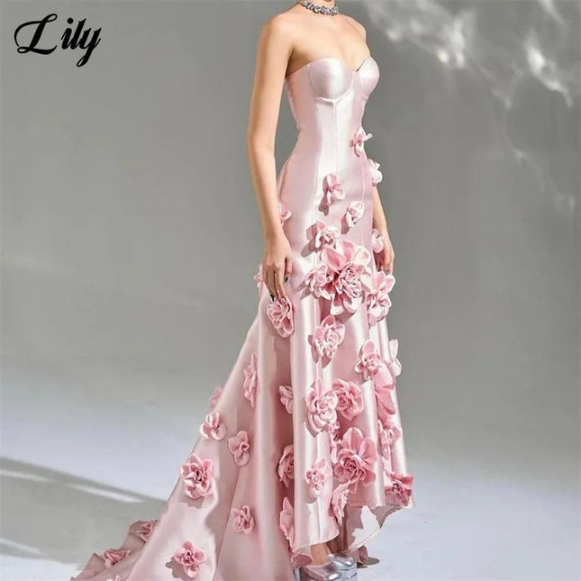 Women Pink Sleeveless 3D Flower Prom Dress