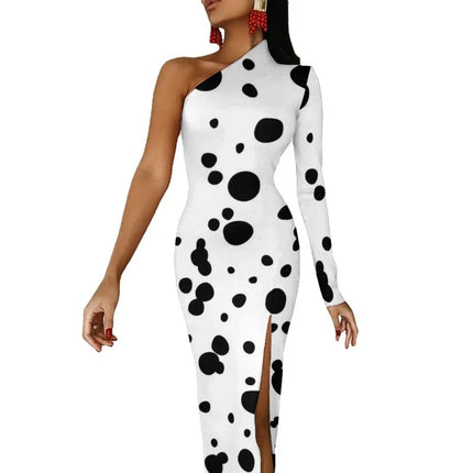 Women Dalmatian Animal Spotted Black Maxi Dress