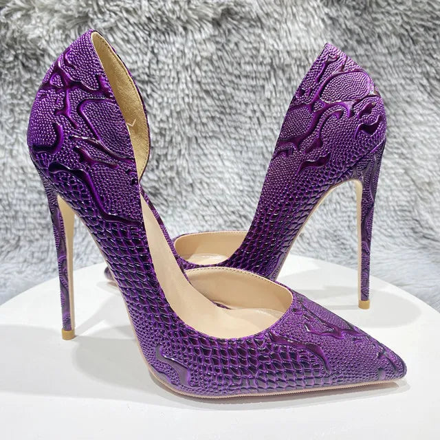 Women Purple Floral Embossed Crocodile Effect High Heels