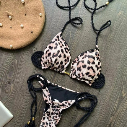 Women Blue Pink Sexy Leopard Bikini Swimwear Set