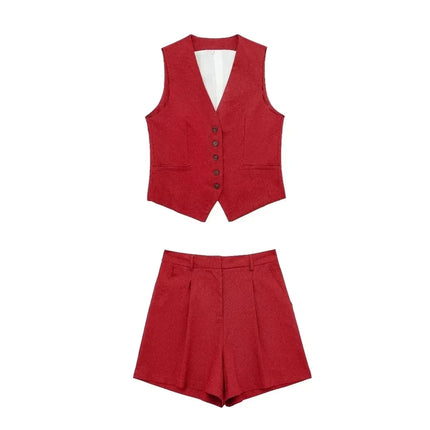 Women Vintage Solid Vest Shorts Set