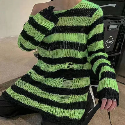 Women Striped Hollow Gothic Long Sweater