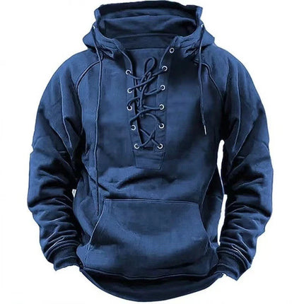 Men Solid Medieval Lace-Up Long Hoodies