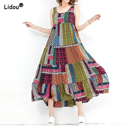 Women Vintage Bohemian Sleeveless Patchwork Dress