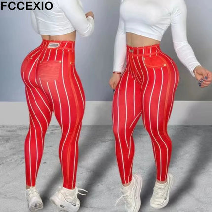 Women Fashion Pink Denim Striped Fitness Leggings